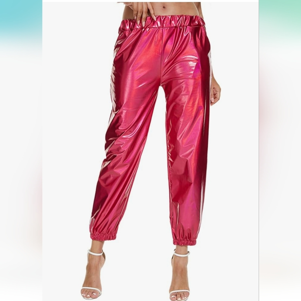 Womens Metallic Shiny Jogger Pants, Casual High Waisted Harem Pant Holographic C